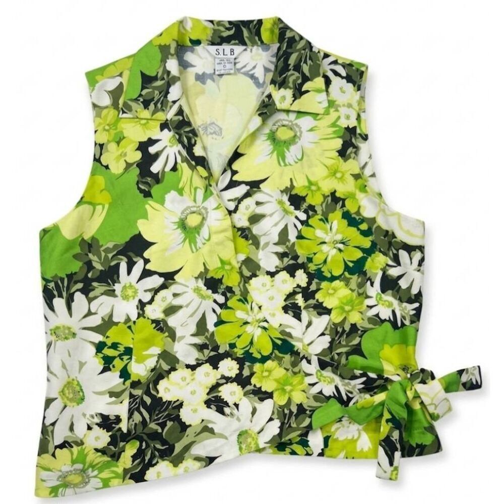 Vintage s.l.b 90's womens large boxy floral top green 100% silk wrap blouse